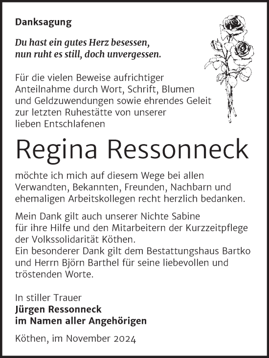 Traueranzeige von Regina Ressonneck von Trauerkombi Köthen