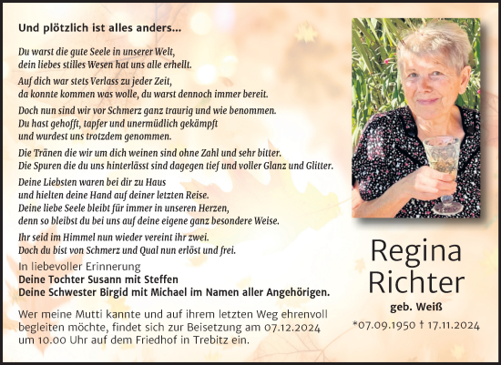 Traueranzeige von Regina Richter von Trauerkombi Wittenberg