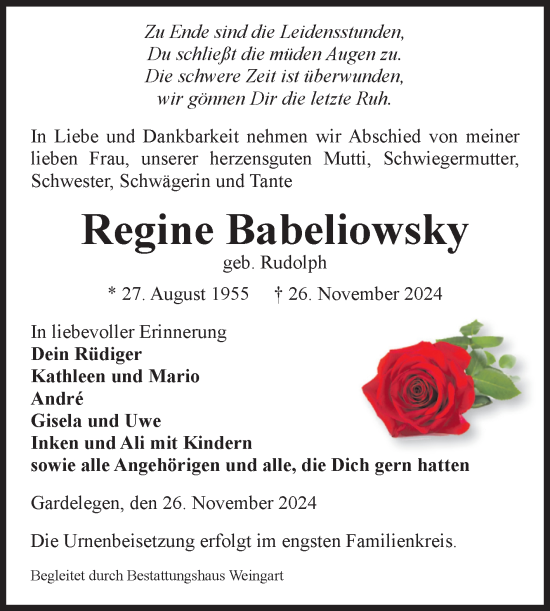 Traueranzeige von Regine Babeliowsky von Volksstimme Altmark West