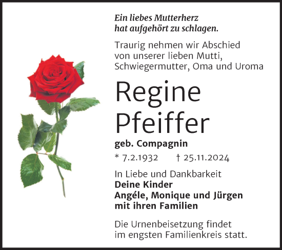 Traueranzeige von Regine Pfeiffer von Trauerkombi Bernburg