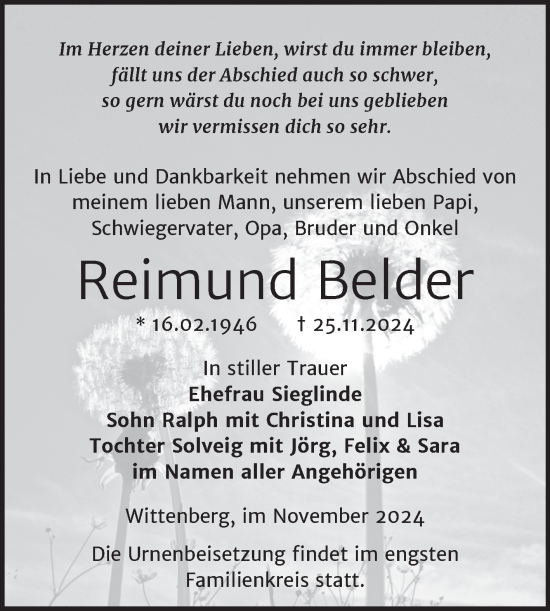 Traueranzeige von Reimund Belder von Trauerkombi Wittenberg
