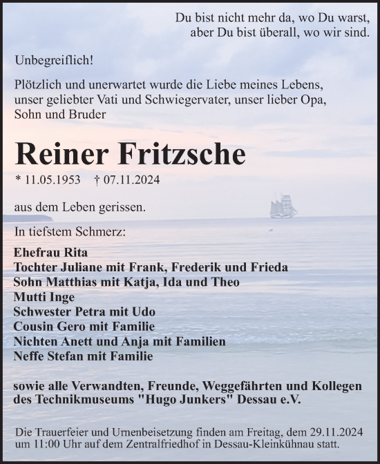 Traueranzeige von Reiner Fritzsche von Trauerkombi Dessau