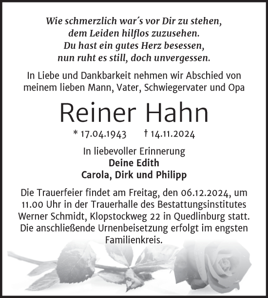Traueranzeige von Reiner Hahn von Trauerkombi Quedlinburg