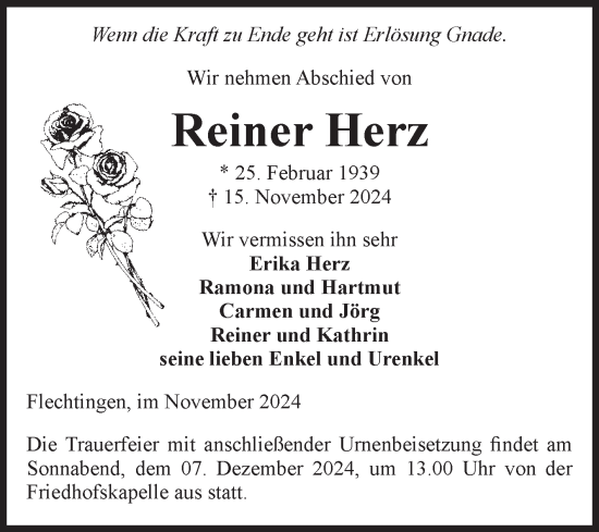 Traueranzeige von Reiner Herz von Volksstimme Haldensleben/Wolmirstedt