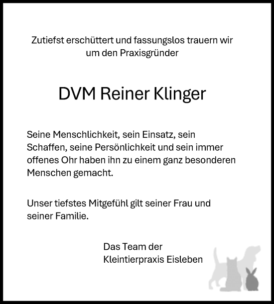Traueranzeige von Reiner Klinger von Mitteldeutsche Zeitung Mansfelder Land