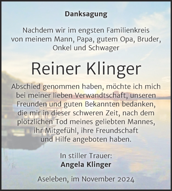 Traueranzeige von Reiner Klinger von Trauerkombi Mansfelder Land