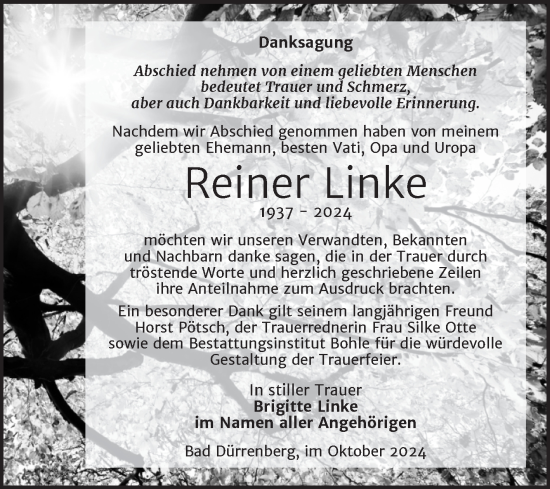 Traueranzeige von Reiner Linke von Trauerkombi Merseburg