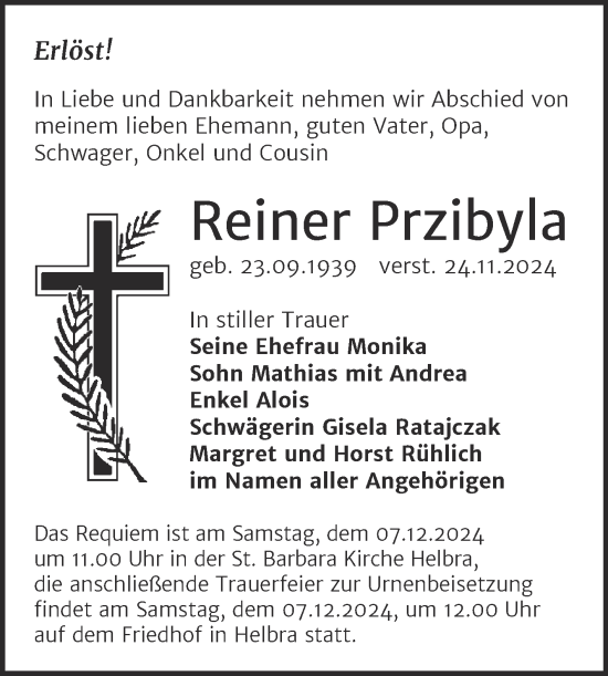 Traueranzeige von Reiner Przibyla von Mitteldeutsche Zeitung Mansfelder Land