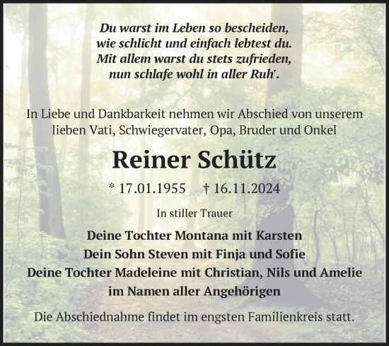 Traueranzeige von Reiner Schütz von Trauerkombi Zeitz