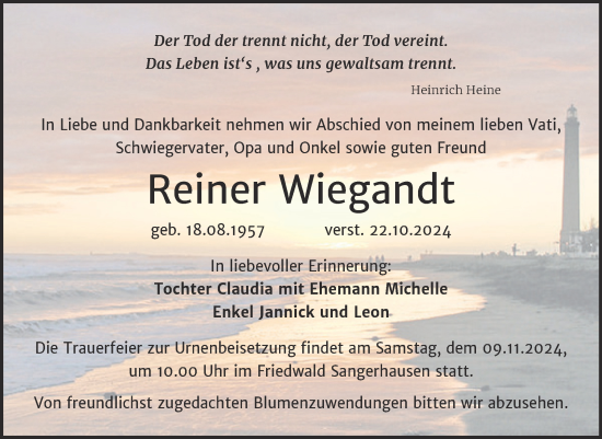 Traueranzeige von Reiner Wiegandt von Trauerkombi Mansfelder Land