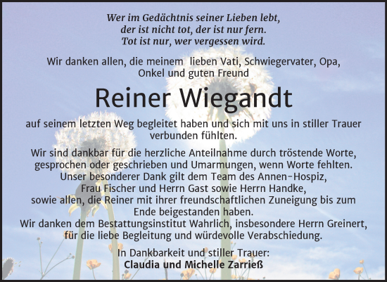 Traueranzeige von Reiner Wiegandt von Trauerkombi Mansfelder Land