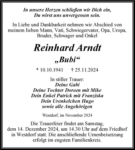 Traueranzeige von Reinhard Arndt von Trauerkombi Aschersleben