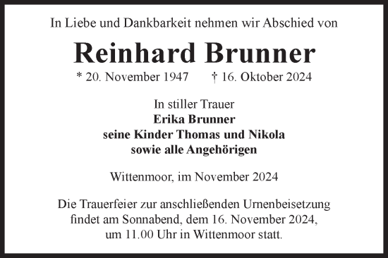 Traueranzeige von Reinhard Brunner von Volksstimme Altmark Ost