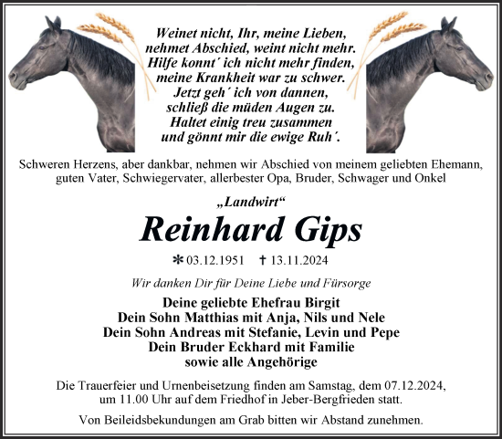 Traueranzeige von Reinhard Gips von Trauerkombi Dessau
