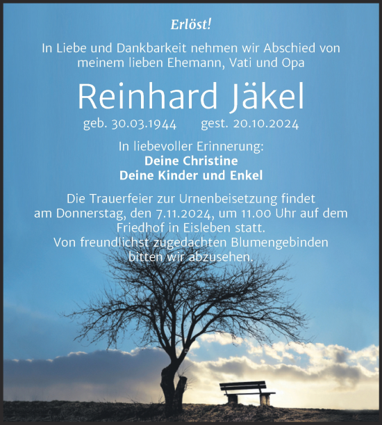 Traueranzeige von Reinhard Jäkel von Trauerkombi Mansfelder Land
