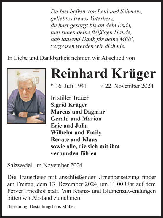 Traueranzeige von Reinhard Krüger von Volksstimme Altmark West