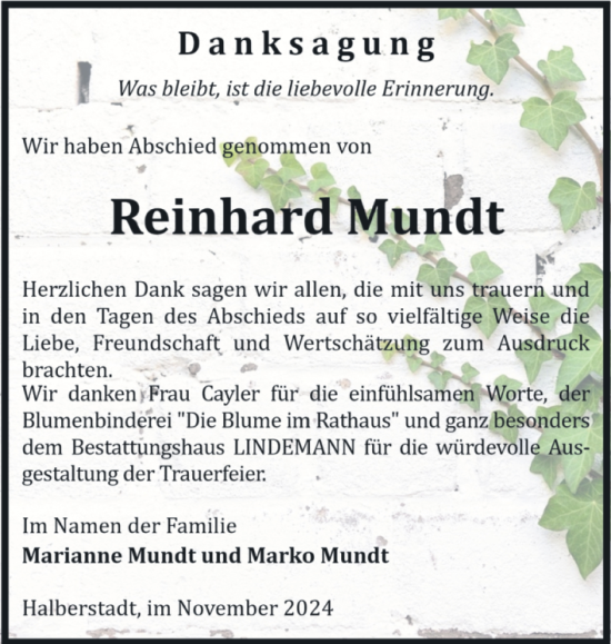 Traueranzeige von Reinhard Mundt von Volksstimme Halberstadt