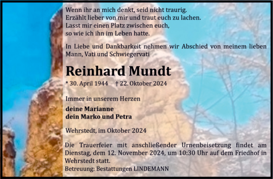 Traueranzeige von Reinhard Mundt von Volksstimme Halberstadt