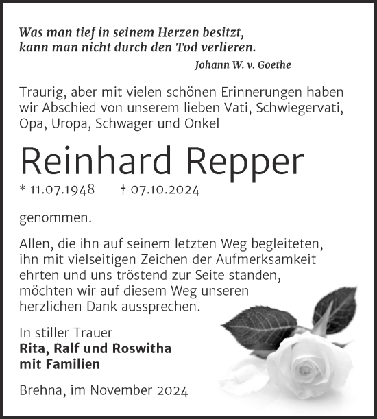 Traueranzeige von Reinhard Repper von Trauerkombi Bitterfeld
