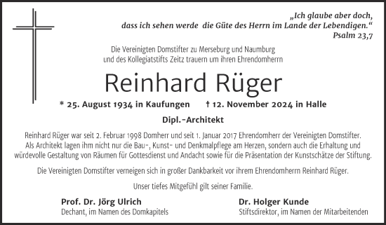 Traueranzeige von Reinhard Rüger von Naumburger Tageblatt