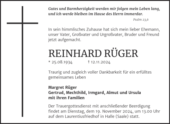 Traueranzeige von Reinhard Rüger von Mitteldeutsche Zeitung Halle/Saalkreis