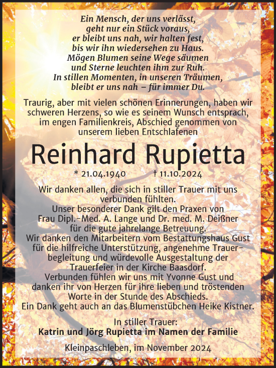 Traueranzeige von Reinhard Rupietta von Trauerkombi Köthen