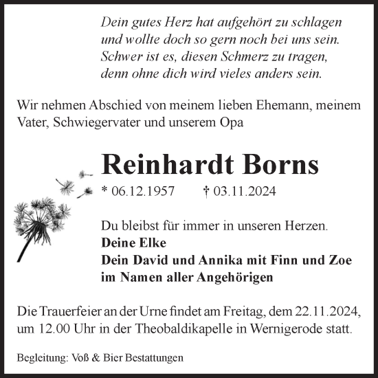 Traueranzeige von Reinhardt Borns von Volksstimme Wernigerode