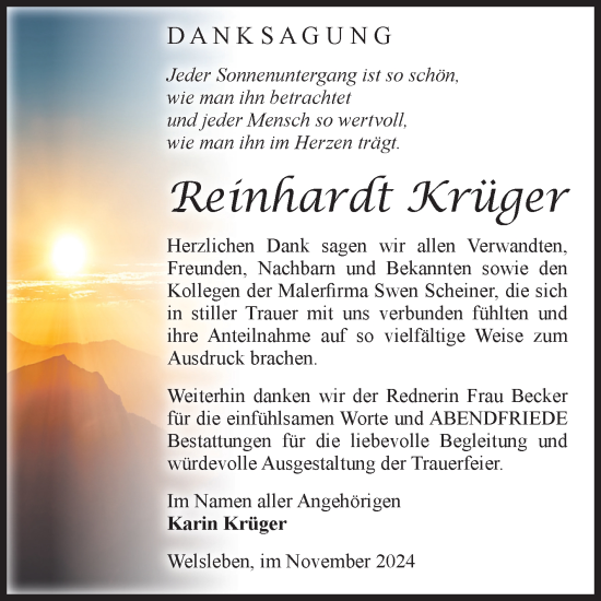 Traueranzeige von Reinhardt Krüger von Volksstimme Schönebeck