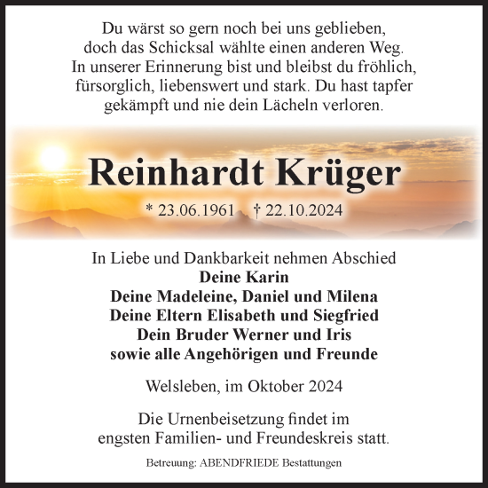 Traueranzeige von Reinhardt Krüger von Volksstimme Schönebeck