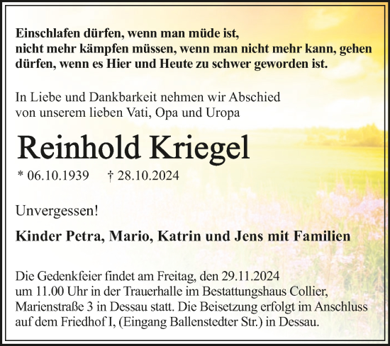 Traueranzeige von Reinhold Kriegel von Trauerkombi Dessau