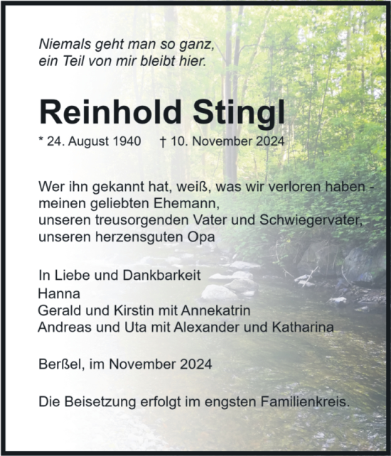 Traueranzeige von Reinhold Stingl von Volksstimme Halberstadt