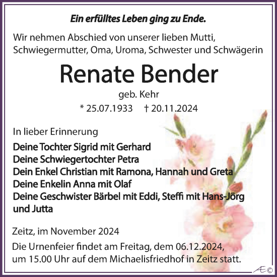 Traueranzeige von Renate Bender von Trauerkombi Zeitz