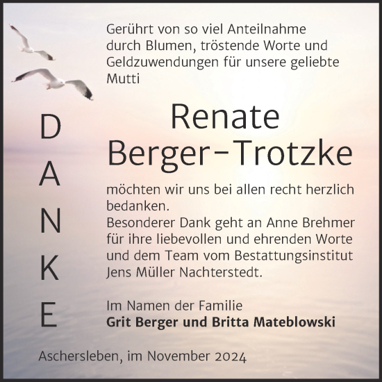 Traueranzeige von Renate Berger-Trotzke von Trauerkombi Aschersleben