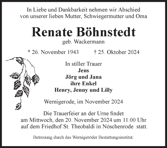 Traueranzeige von Renate Böhnstedt von Volksstimme Wernigerode