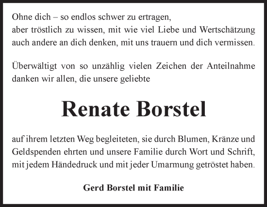 Traueranzeige von Renate Borstel von Volksstimme Altmark Ost