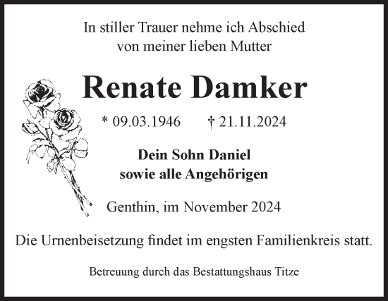 Traueranzeige von Renate Damker von Volksstimme Burg/Genthin