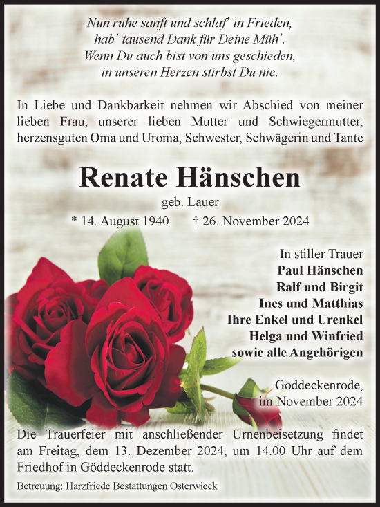 Traueranzeige von Renate Hänschen von Volksstimme Halberstadt
