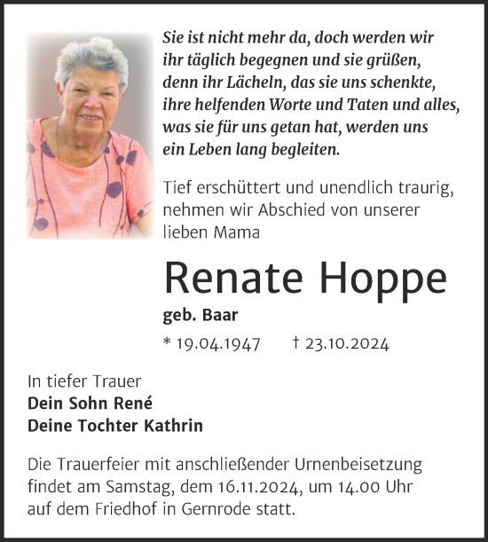 Traueranzeige von Renate Hoppe von Trauerkombi Quedlinburg