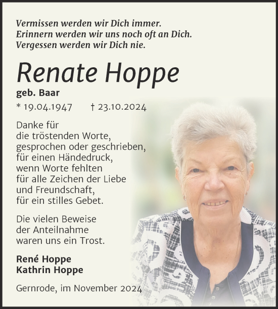 Traueranzeige von Renate Hoppe von Trauerkombi Quedlinburg