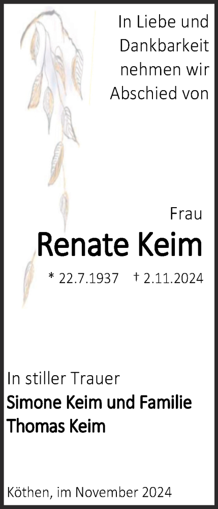 Traueranzeige von Renate Keim von Trauerkombi Köthen