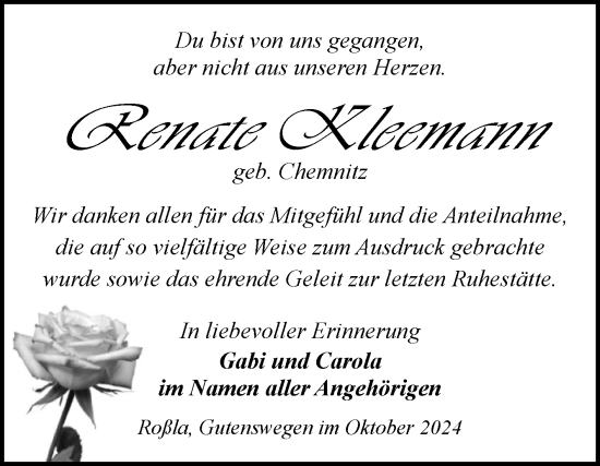 Traueranzeige von Renate Kleemann von Trauerkombi Sangerhausen