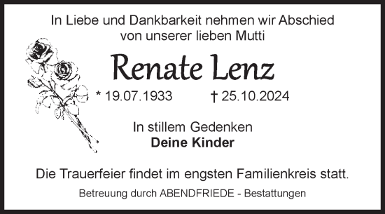 Traueranzeige von Renate Lenz von Volksstimme Magdeburg