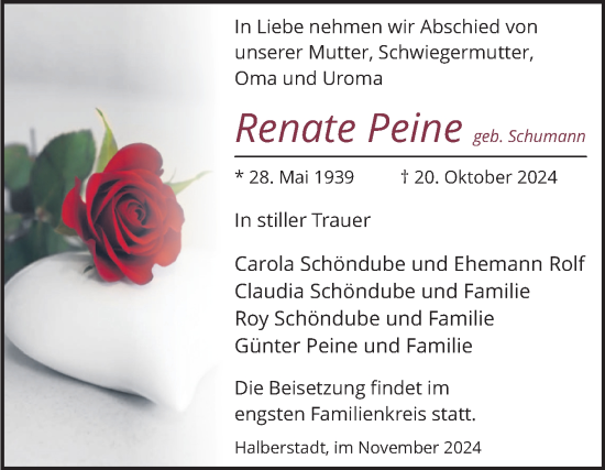 Traueranzeige von Renate Peine von Volksstimme Halberstadt