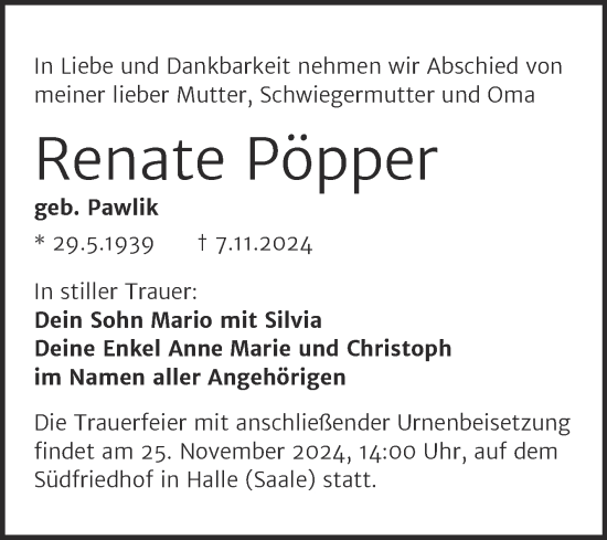 Traueranzeige von Renate Pöpper von Mitteldeutsche Zeitung Halle/Saalkreis