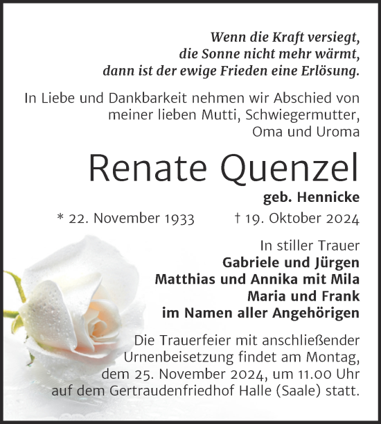 Traueranzeige von Renate Quenzel von Mitteldeutsche Zeitung Halle/Saalkreis