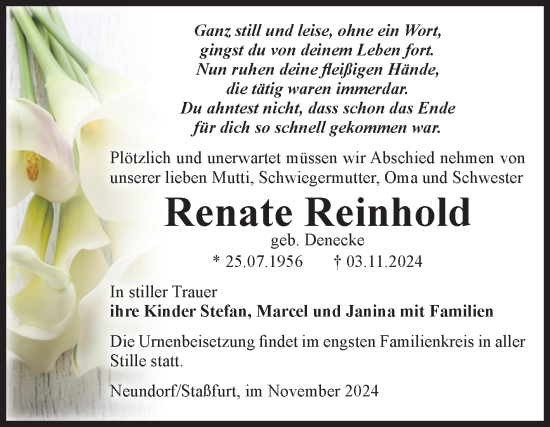 Traueranzeige von Renate Reinhold von Volksstimme Staßfurt