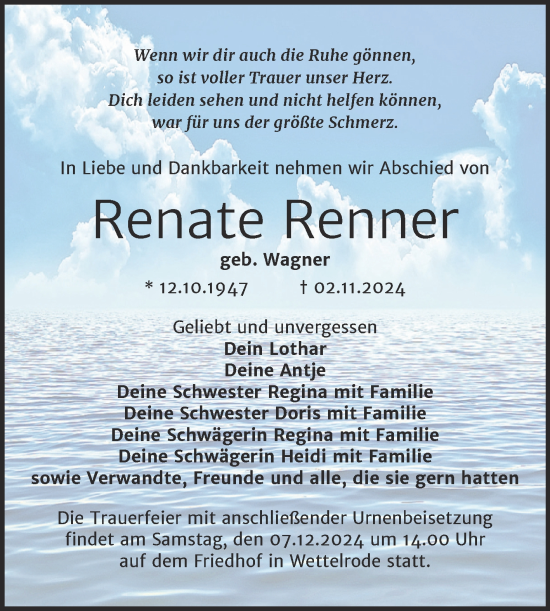 Traueranzeige von Renate Renner von Trauerkombi Sangerhausen