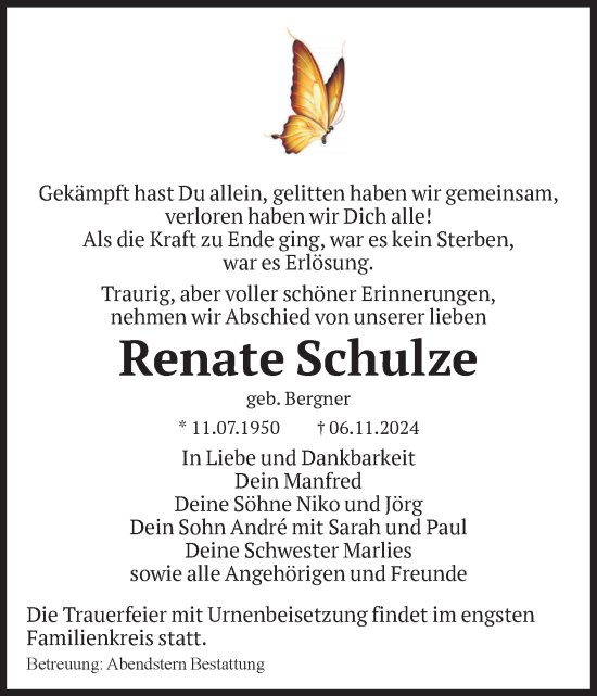 Traueranzeige von Renate Schulze von Volksstimme Altmark Ost