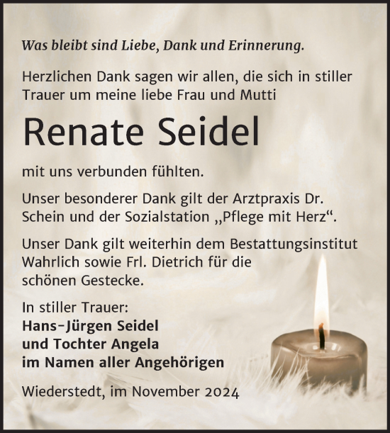 Traueranzeige von Renate Seidel von Trauerkombi Mansfelder Land