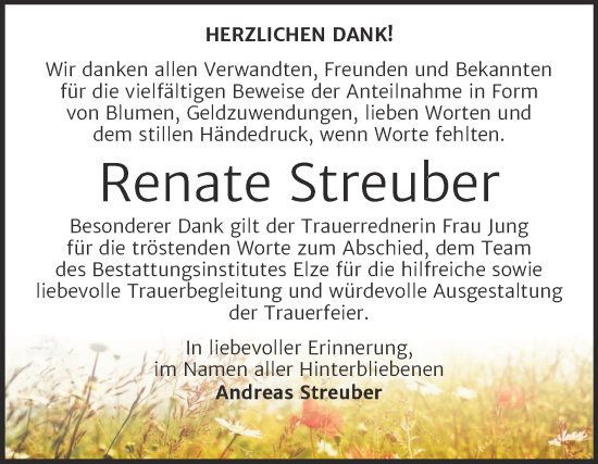 Traueranzeige von Renate Streuber von Trauerkombi Dessau